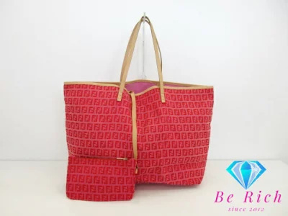 Fendi Tote Bag Zucchino Pink Red Canvas Leather Shoulder Handbag